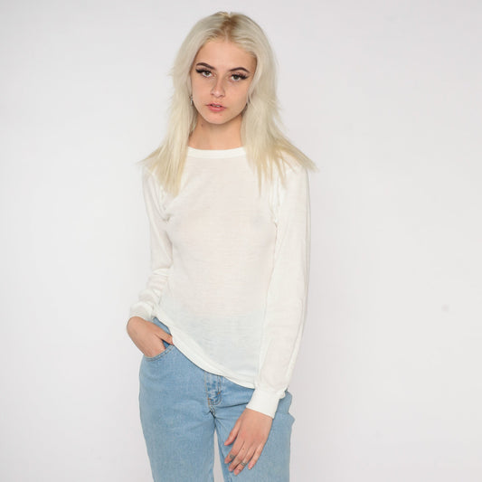 80s White Thermal Long Sleeve Crewneck Shirt Semi Sheer Medium