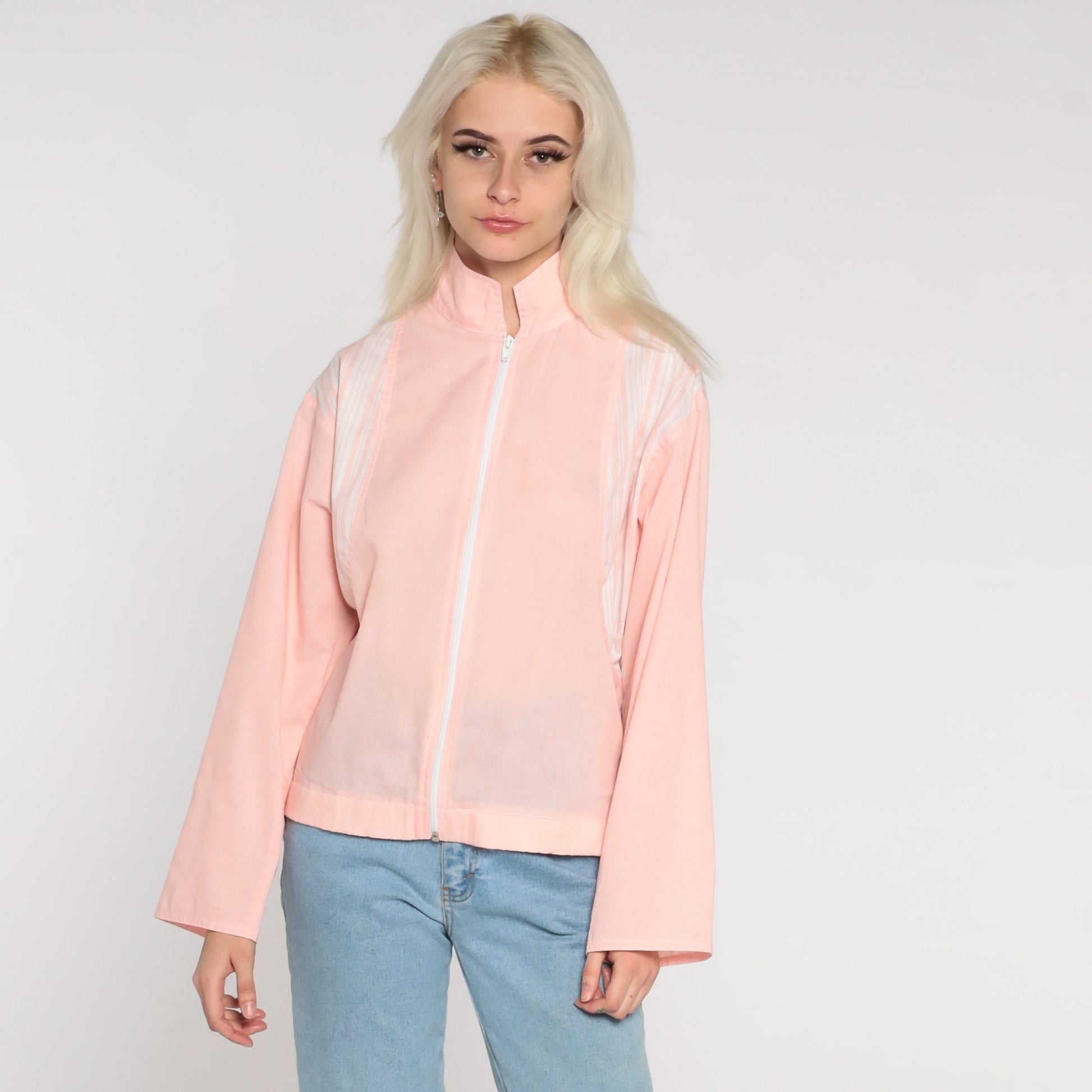 80s Baby Pink Windbreaker Jacket Striped Shoulder Zip-Up Small