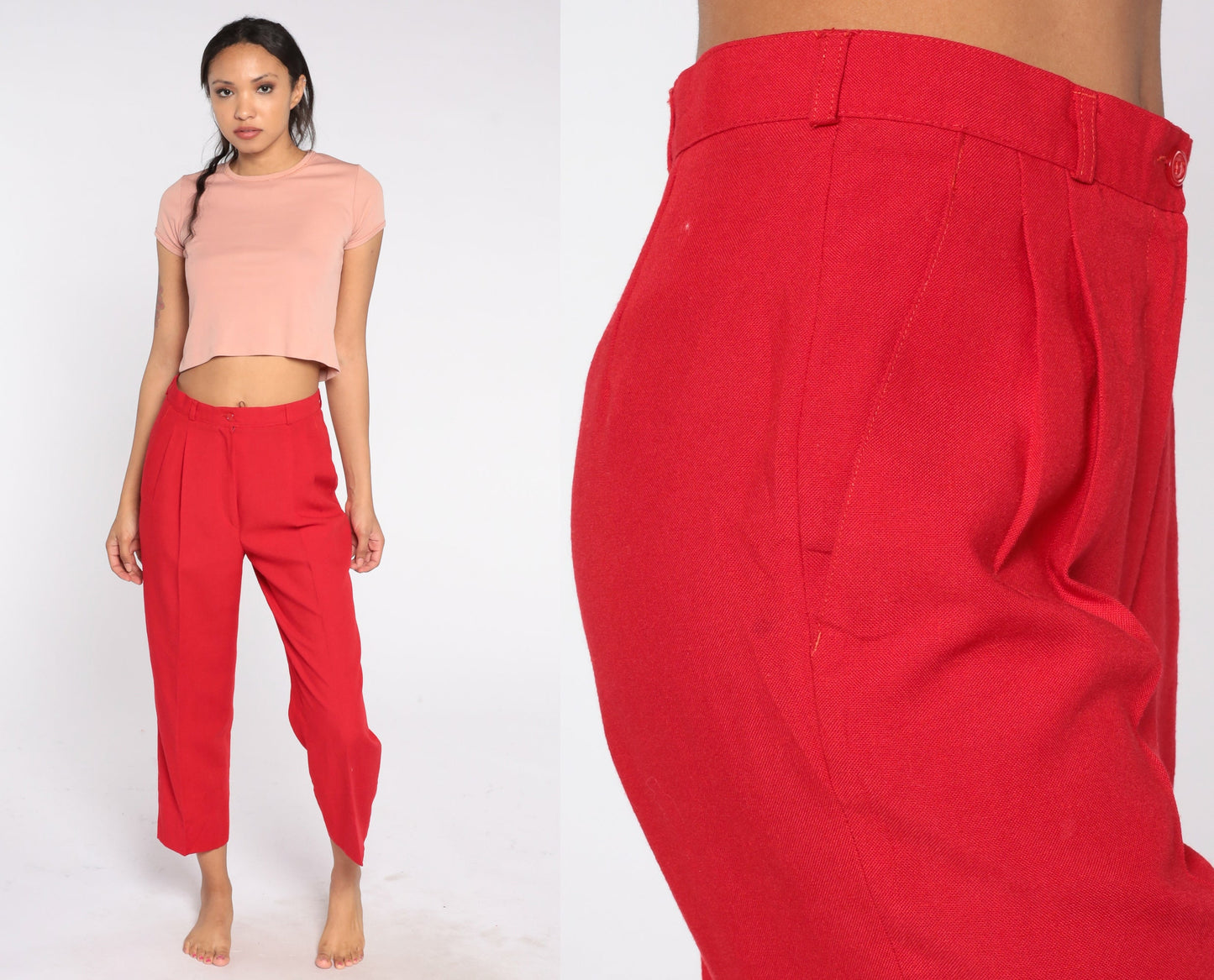 70s Red Straight Leg Trousers High Rise Vintage 1970s Medium