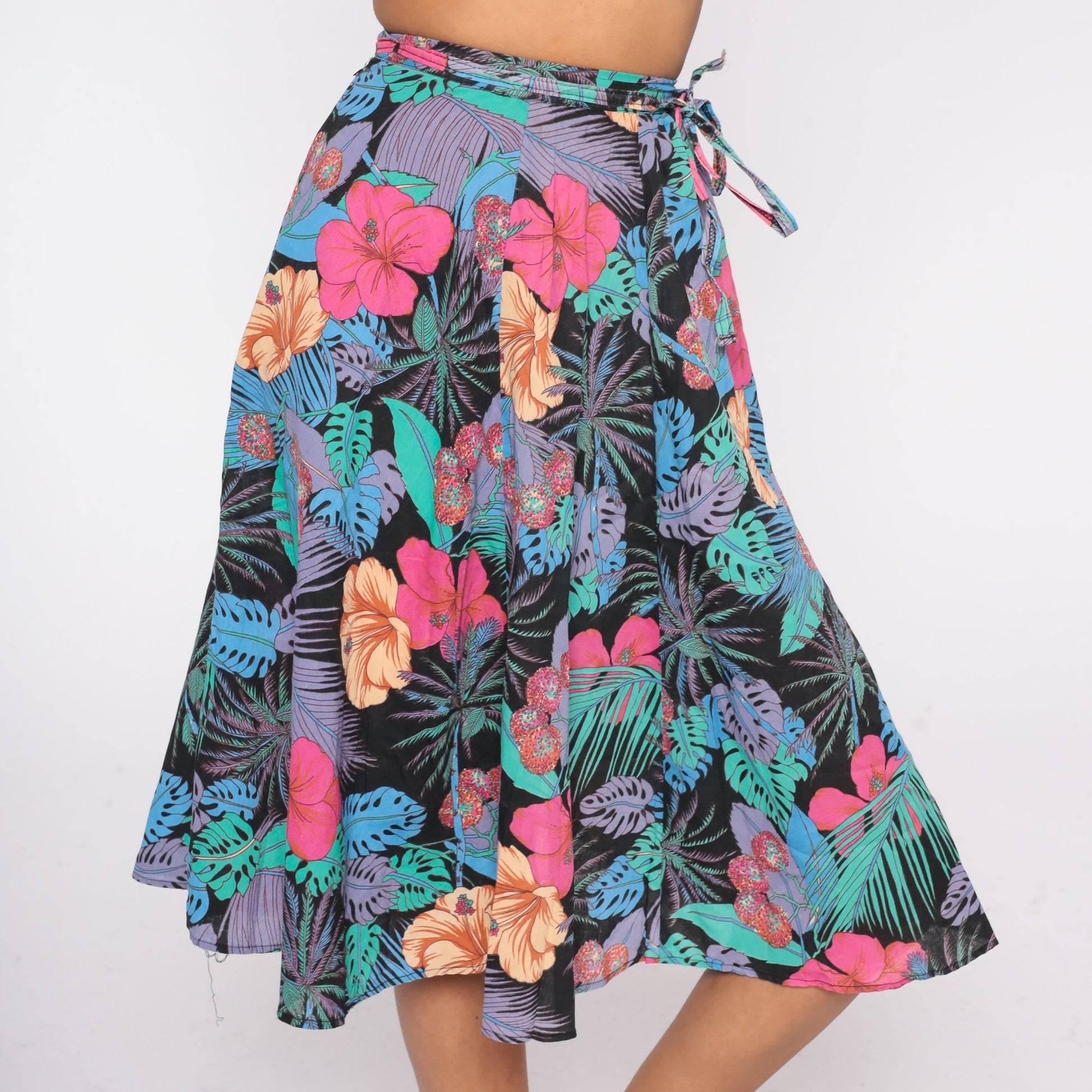 80s Black Tropical Floral Midi Skirt High Waisted Hawaiian Print Extra Small