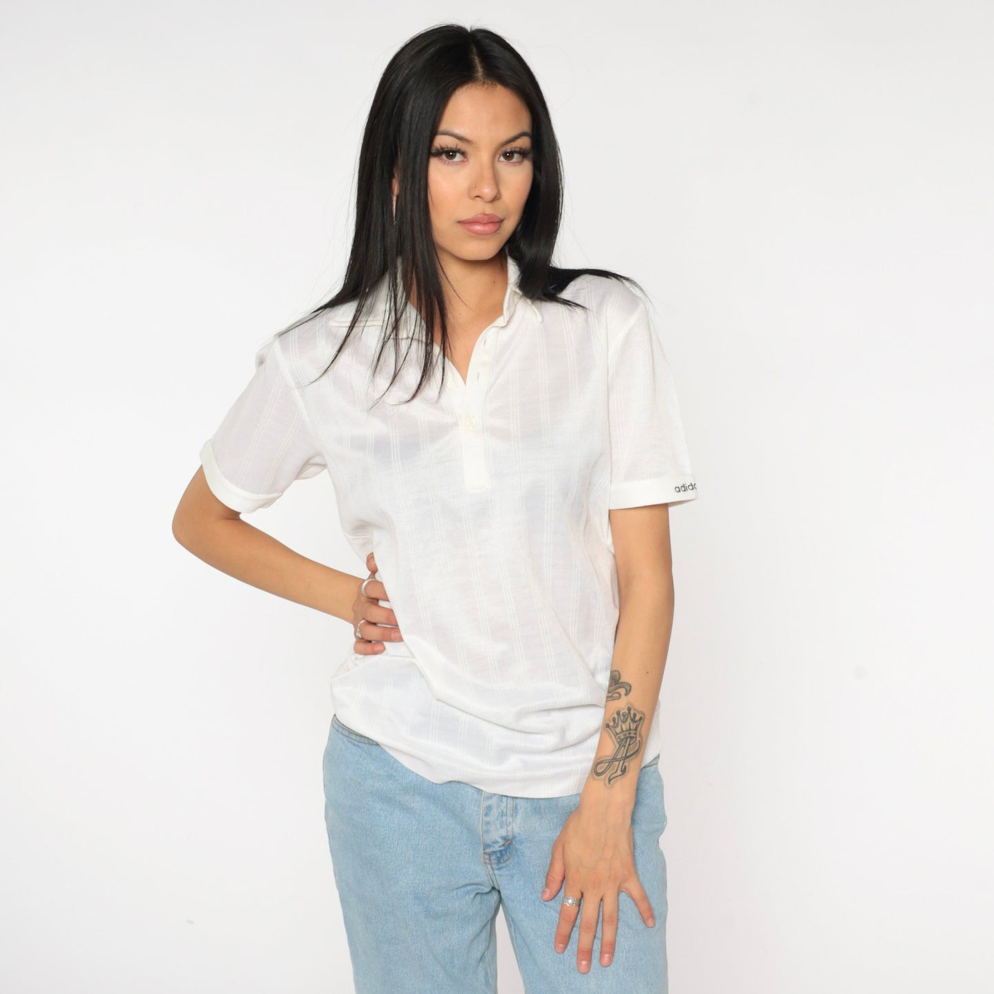 80s Adidas Polo Shirt White Half Button Collared Short Sleeve Medium