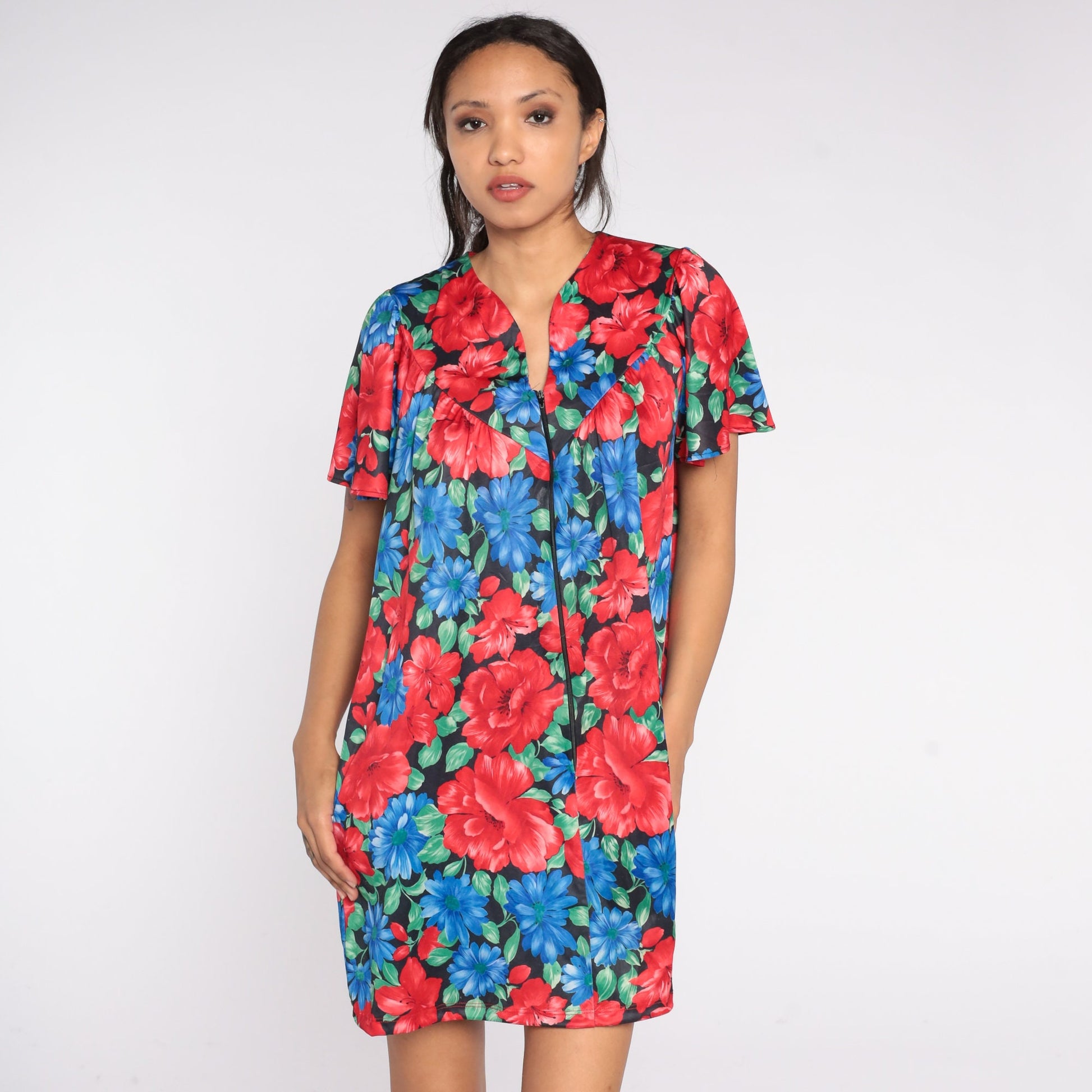 80s Floral Pajama Dress Red Blue Mini Nightgown Button Front Large
