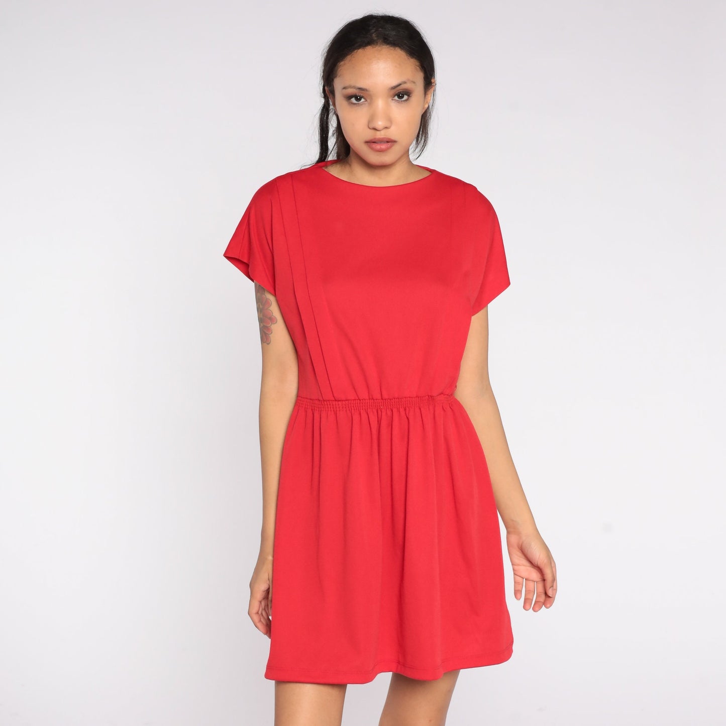 80s Red Shift Dress Mini High Waist Short Sleeve Zipper Back Medium