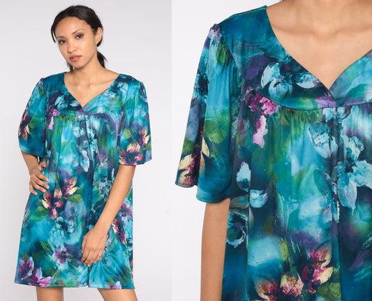 90s Blue Watercolor Floral Mini Dress Tent Cut Short Sleeve Plus Size XXL