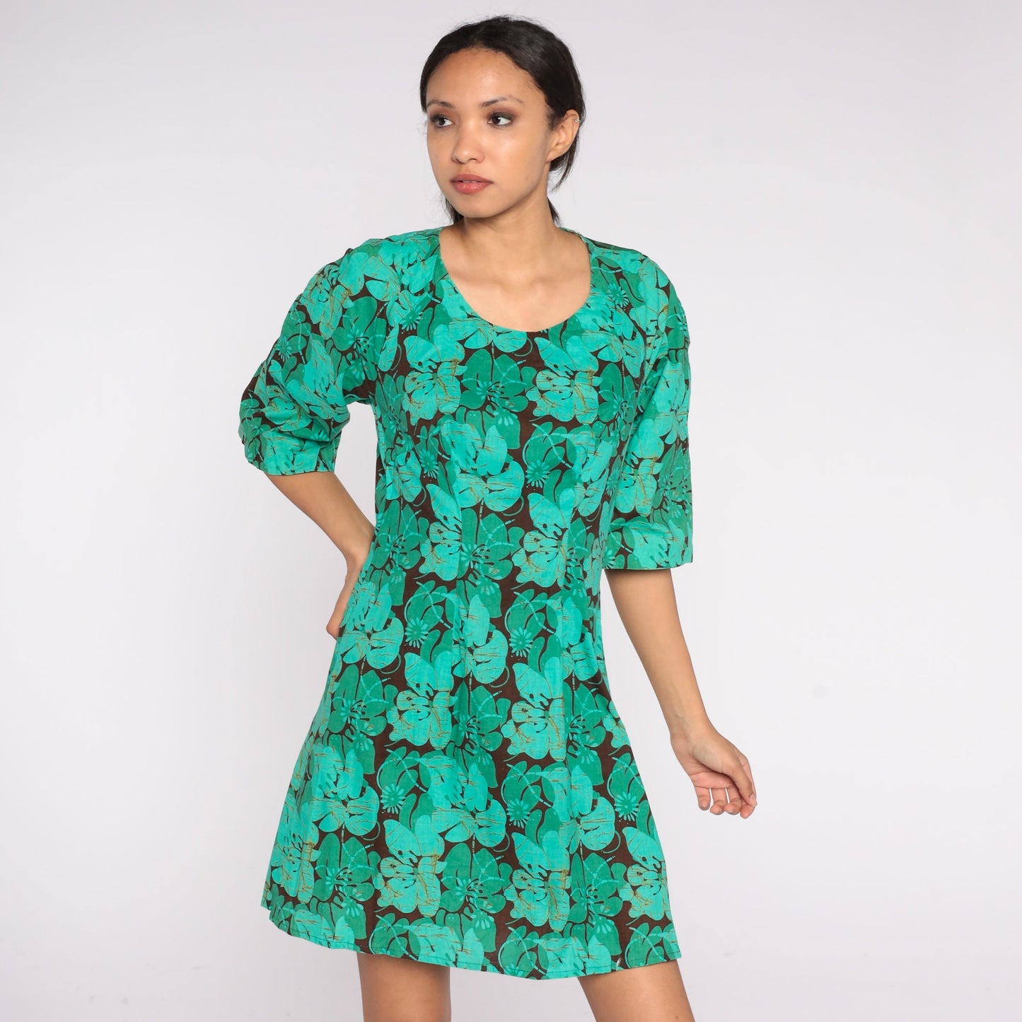 70s Hawaiian Floral Mini Dress Brown Green Hibiscus Print Small