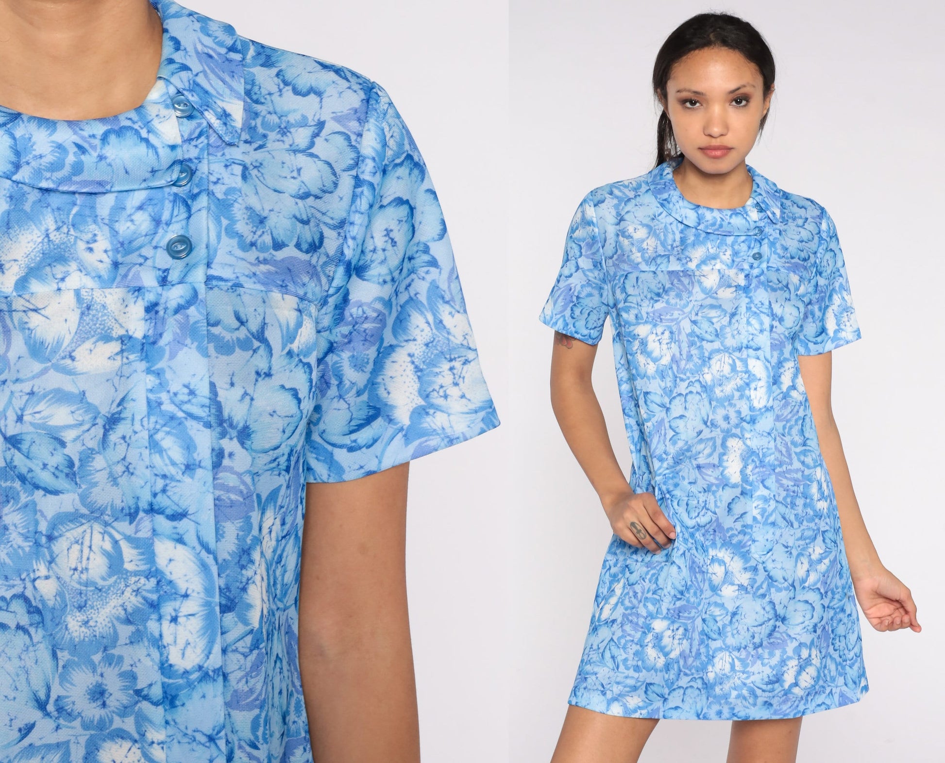 60s Blue Floral Shift Dress Mini Length Short Sleeve Round Collar Medium