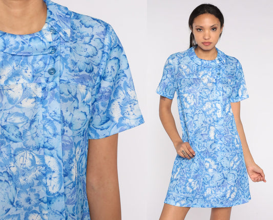 60s Blue Floral Shift Dress Mini Length Short Sleeve Round Collar Medium