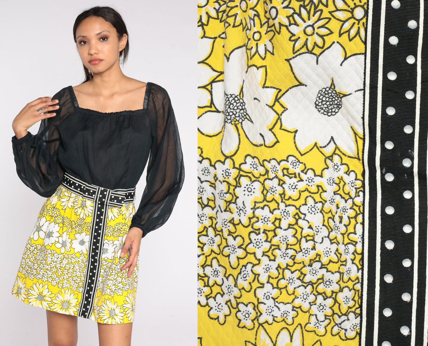 60s Black Yellow Floral Mini Dress Balloon Sleeve Square Neck Small S