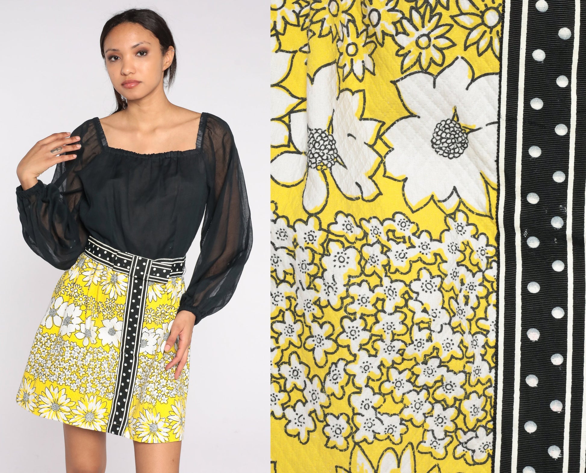 60s Black Yellow Floral Mini Dress Balloon Sleeve Square Neck Small S