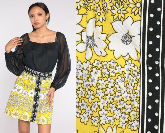 60s Black Yellow Floral Mini Dress Balloon Sleeve Square Neck Small S