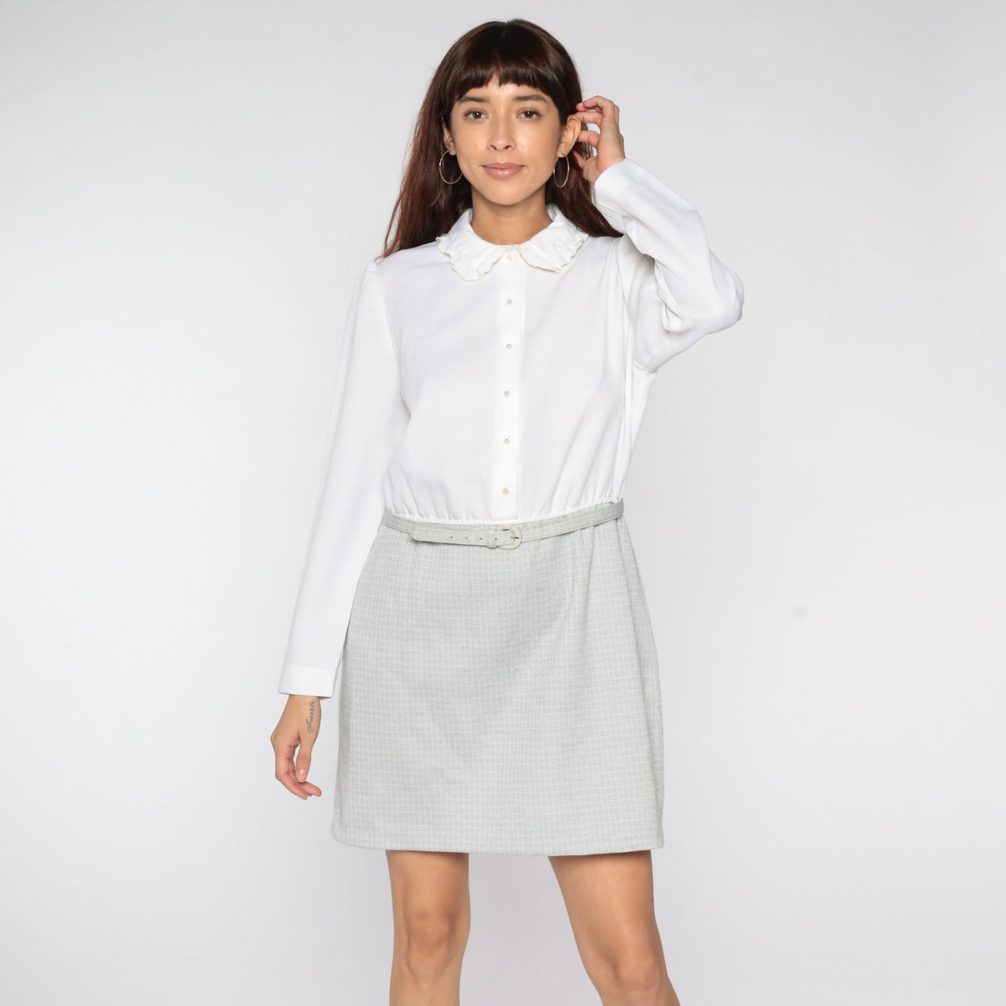 80s Leslie Fay Mini Dress Puff Sleeve Peter Pan Collar Checkered Medium Large