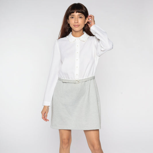 80s Leslie Fay Mini Dress Puff Sleeve Peter Pan Collar Checkered Medium Large