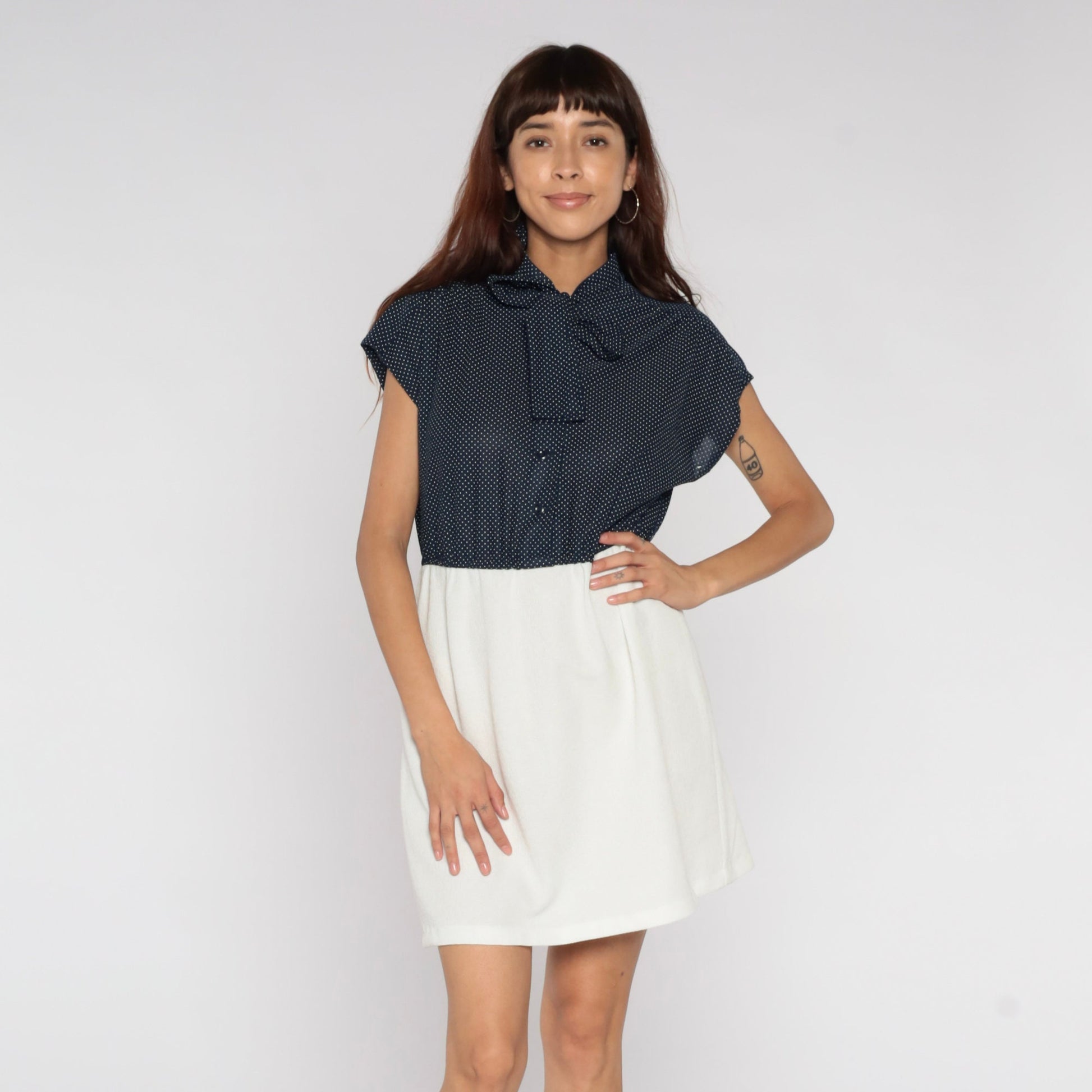70s Blue Polka Dot Mini Dress Ascot Bow Tie Secretary Cap Sleeve Medium Large