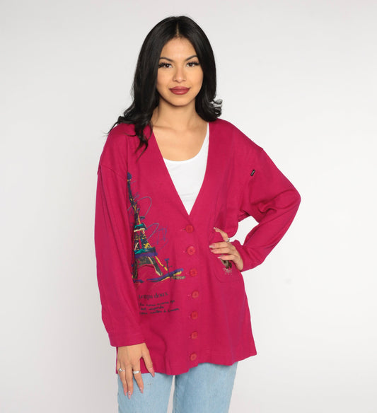 90s Paris Cardigan Dark Pink Eiffel Tower Lion Embroidered Temps Doux Large L