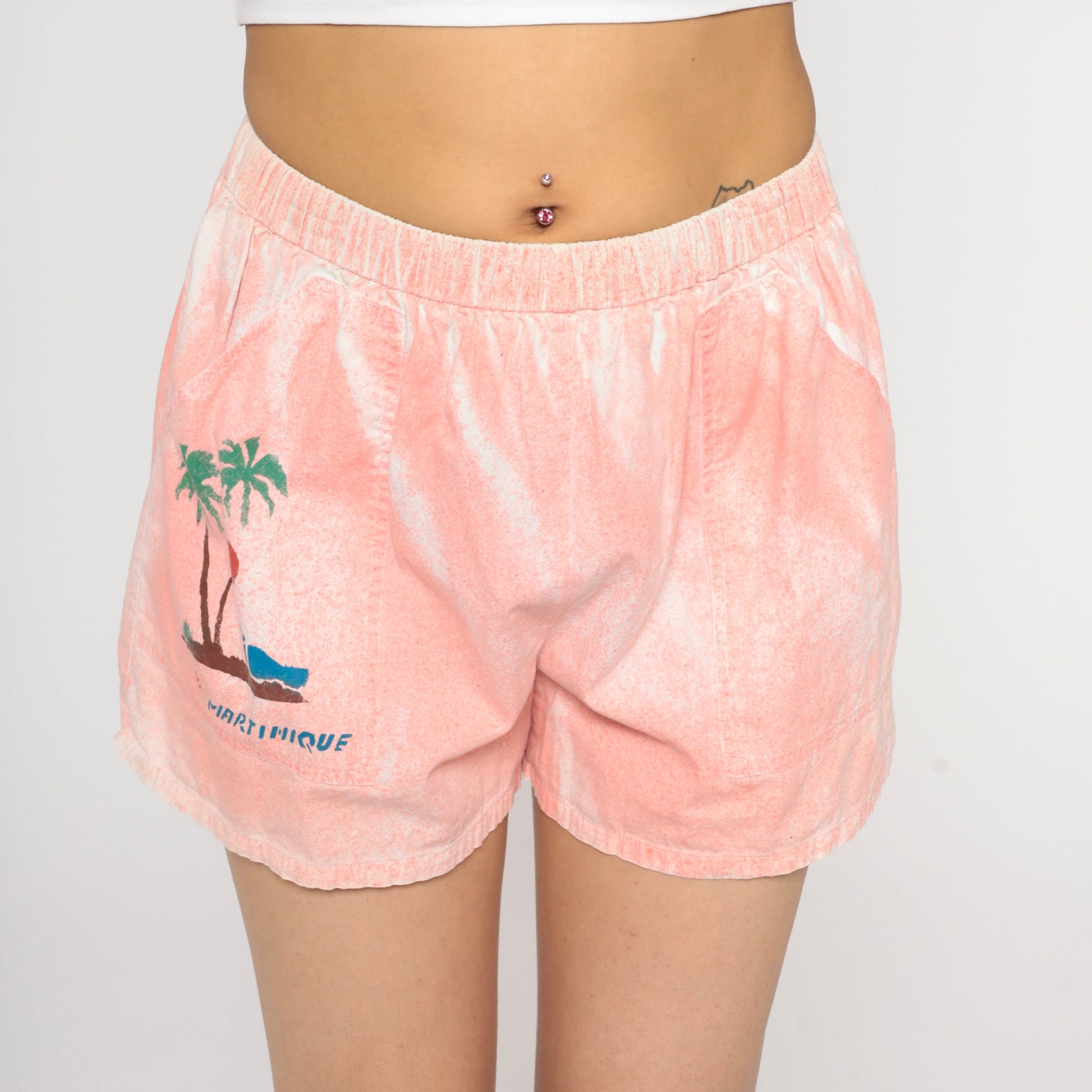 90s Martinique Palm Tree Graphic Shorts High Waist Pink Small Medium