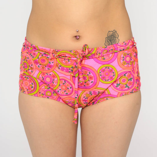 70s Pink Floral Bikini Bottoms Low Waist Drawstring Swim Shorts Small