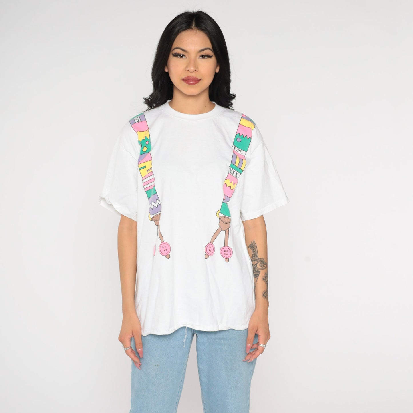 80s Suspenders Graphic Cotton T-Shirt Colorful Print Single Stitch Extra Large