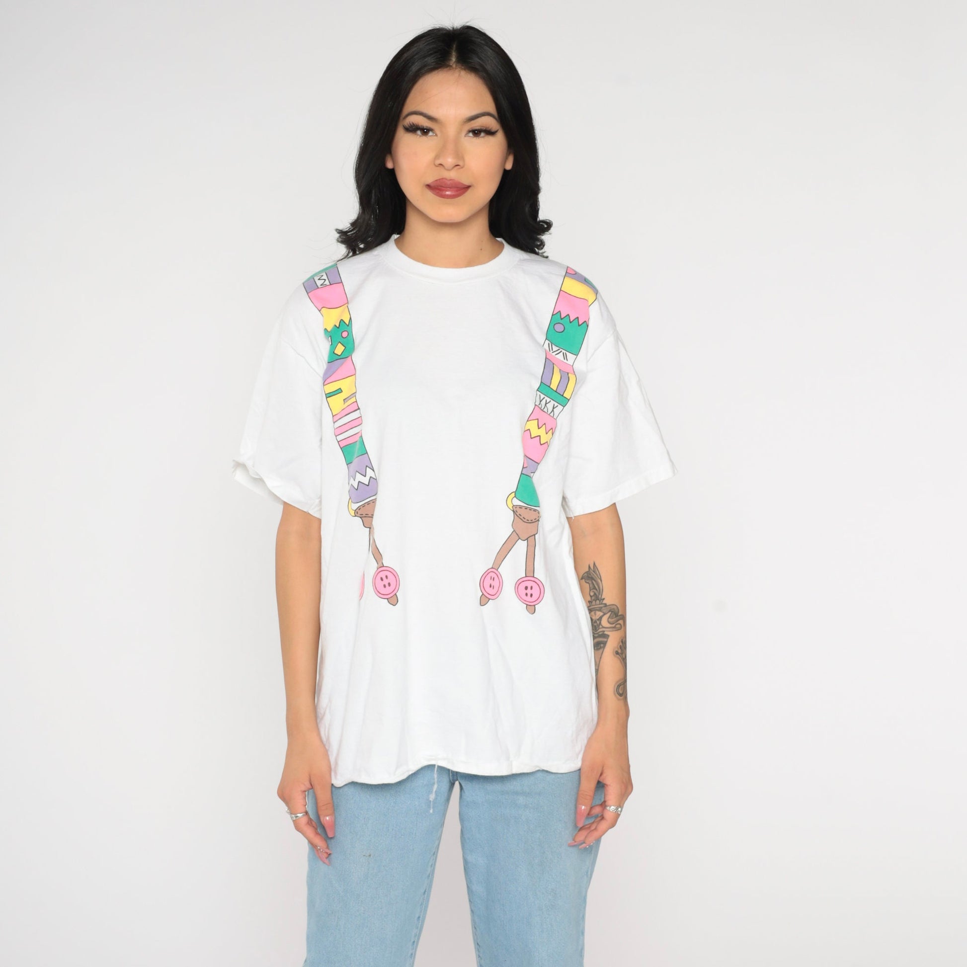 80s Suspenders Graphic Cotton T-Shirt Colorful Print Single Stitch Extra Large