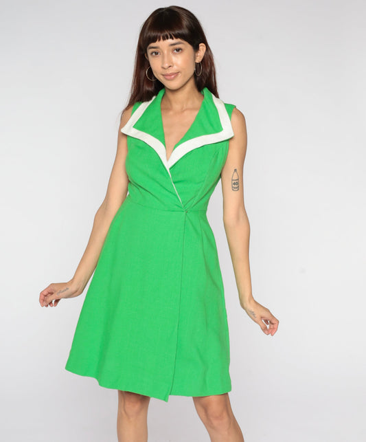 1970s Green Wrap Dress V-Neck High Waist Mini Sleeveless Small