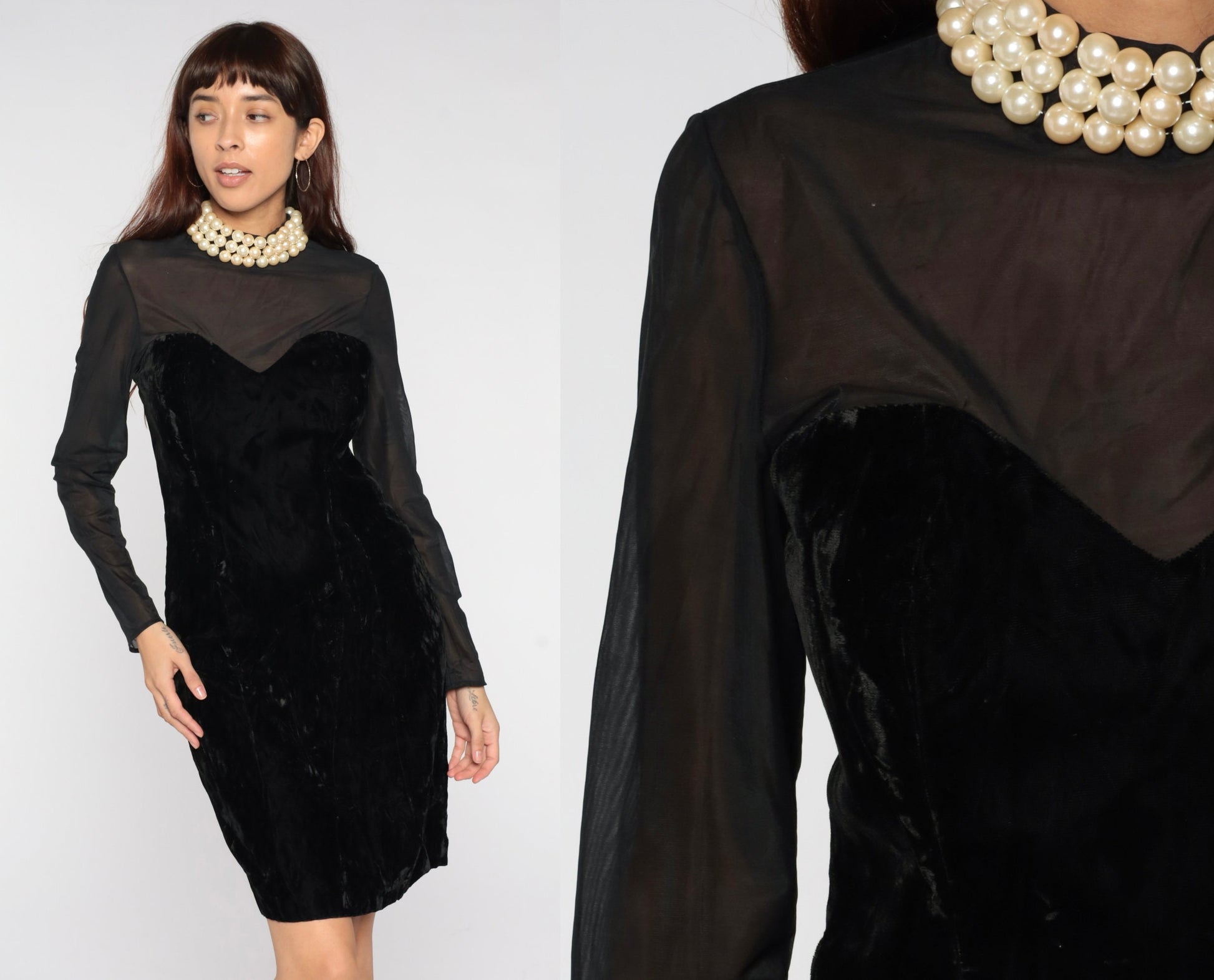 80s Black Velvet Beaded Sweetheart Dress Illusion Neckline Sheath Cocktail Medium