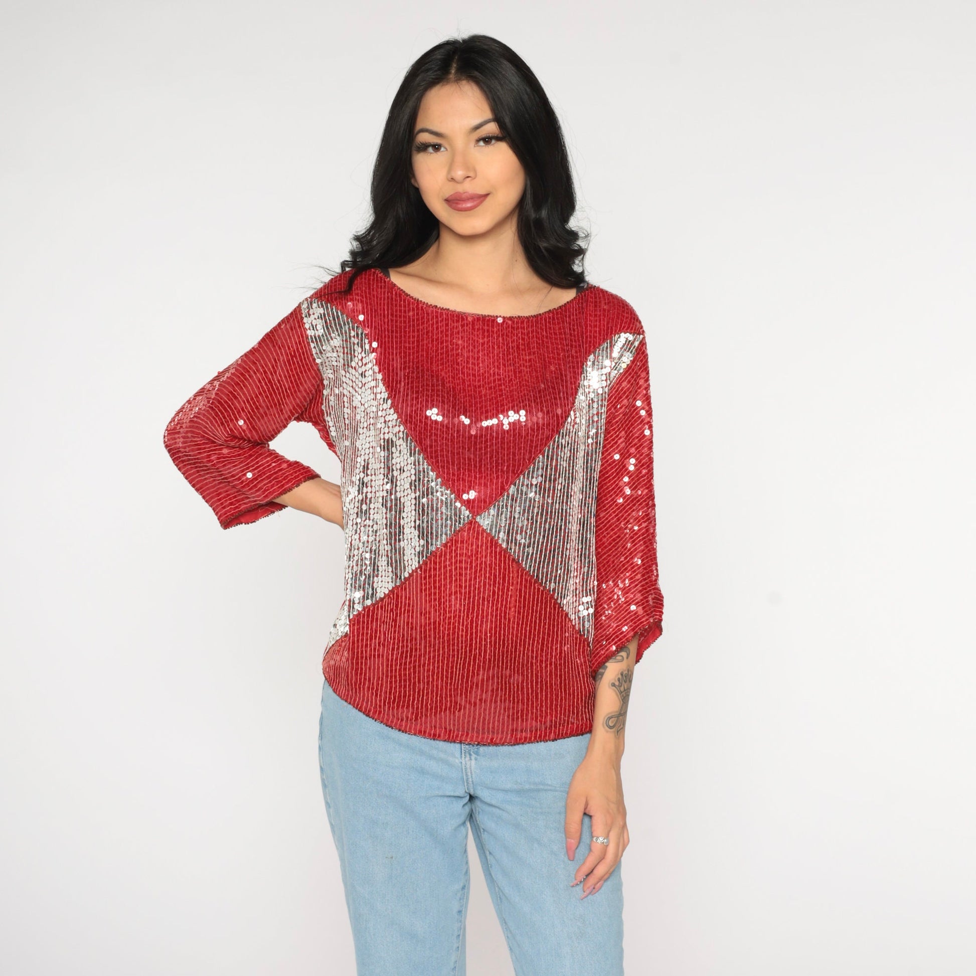 90s Silk Sequin Blouse Red Silver Metallic Color Block Small