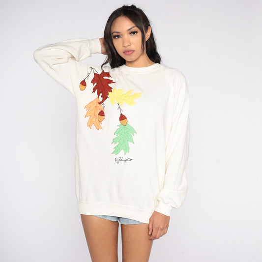 90s Leaves & Acorns Sweatshirt Cream Raglan Graphic Crewneck Large