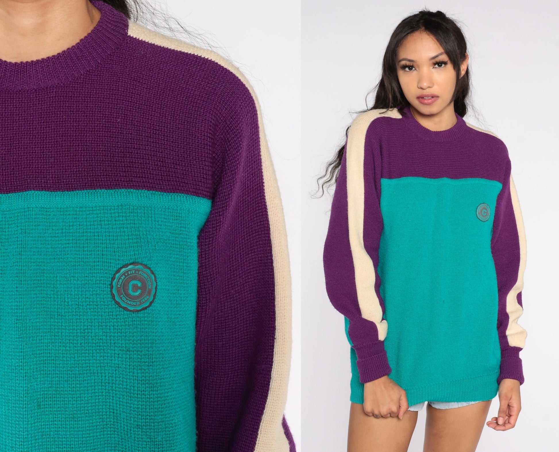 90s Wool Color Block Sweater Purple Green Cream Striped Crewneck Medium