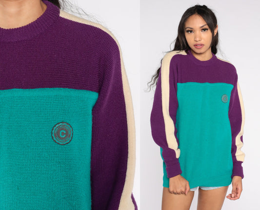 90s Wool Color Block Sweater Purple Green Cream Striped Crewneck Medium