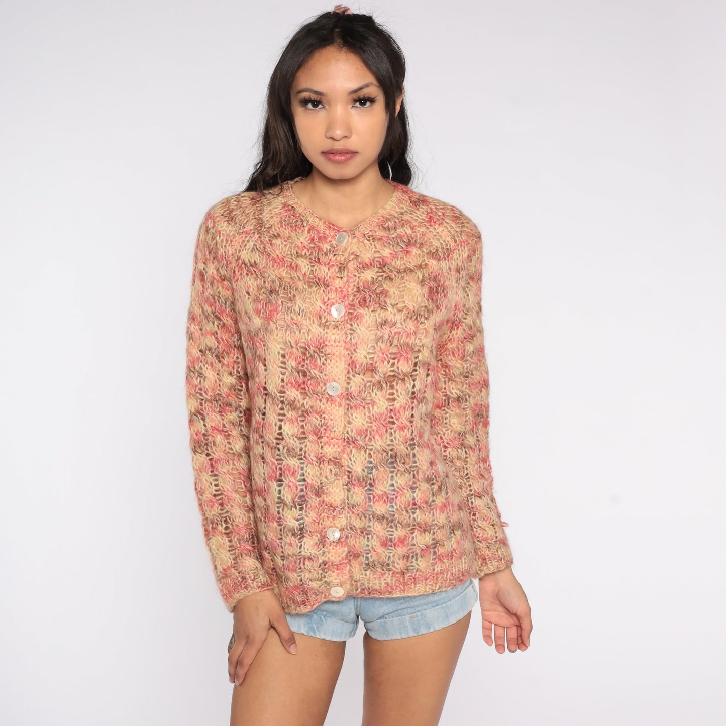 60s Cardigan Sweater Multicolor Pink Beige Brown Knit Button Up Large L