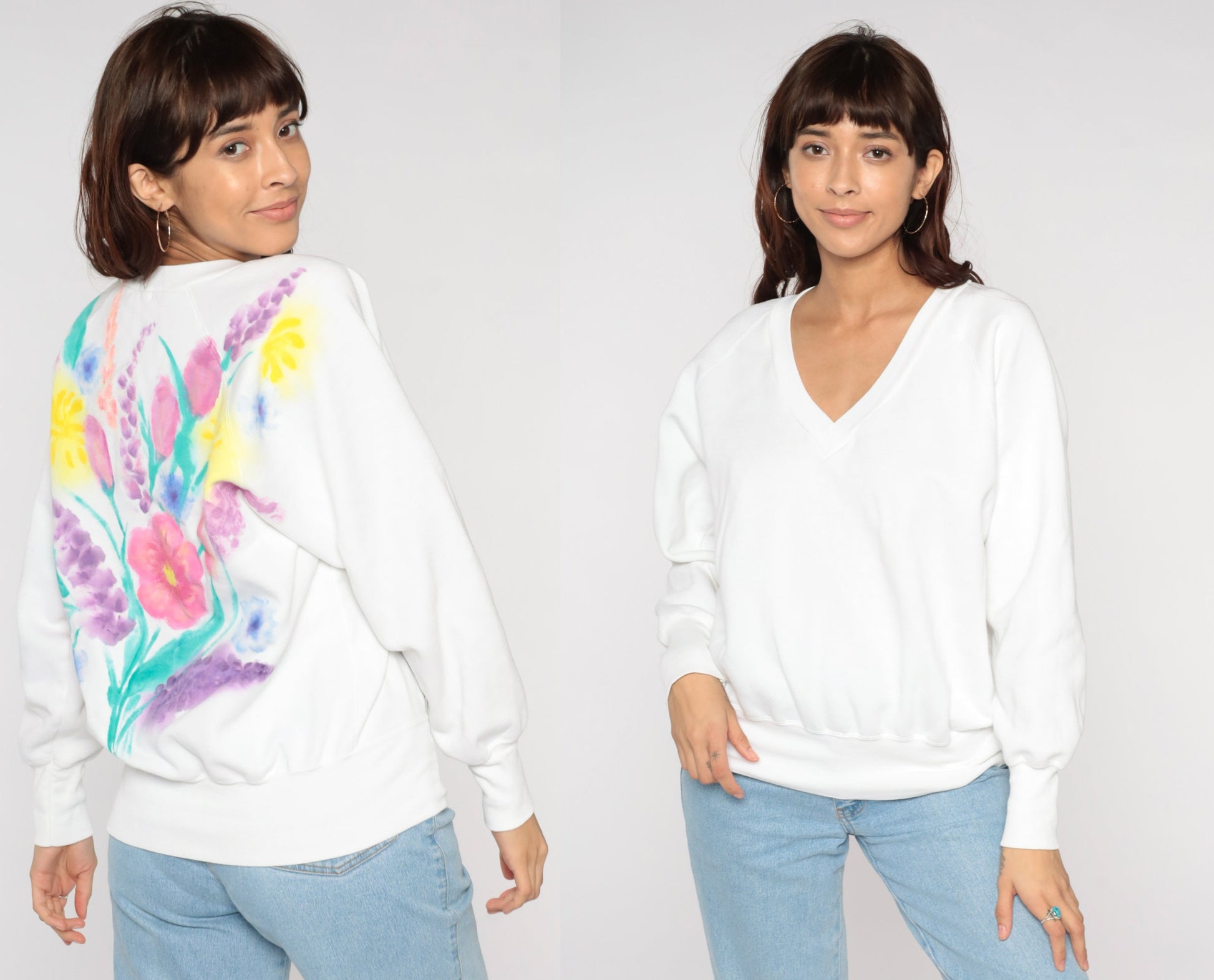 90s Floral Painted Flower Bouquet V-Neck Raglan Sweatshirt White Large