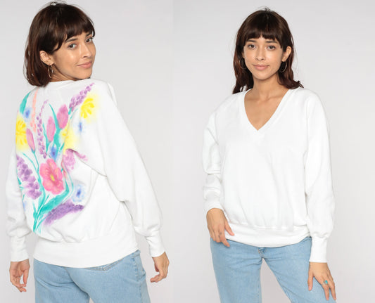 90s Floral Painted Flower Bouquet V-Neck Raglan Sweatshirt White Large