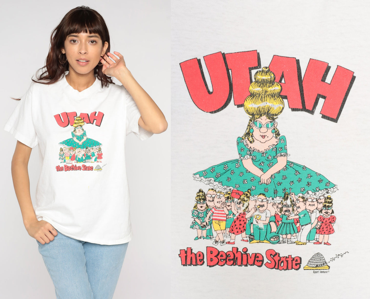90s Utah Beehive State Graphic T-Shirt Single Stitch Cartoon Print Medium