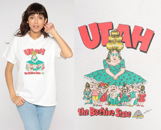 90s Utah Beehive State Graphic T-Shirt Single Stitch Cartoon Print Medium