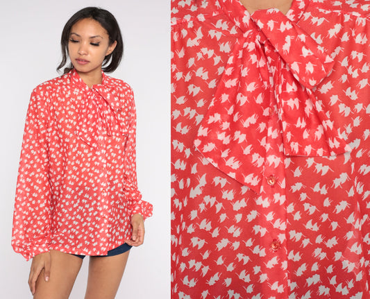 70s Red Abstract Leaf Print Ascot Blouse Long Sleeve Button Up Extra Large