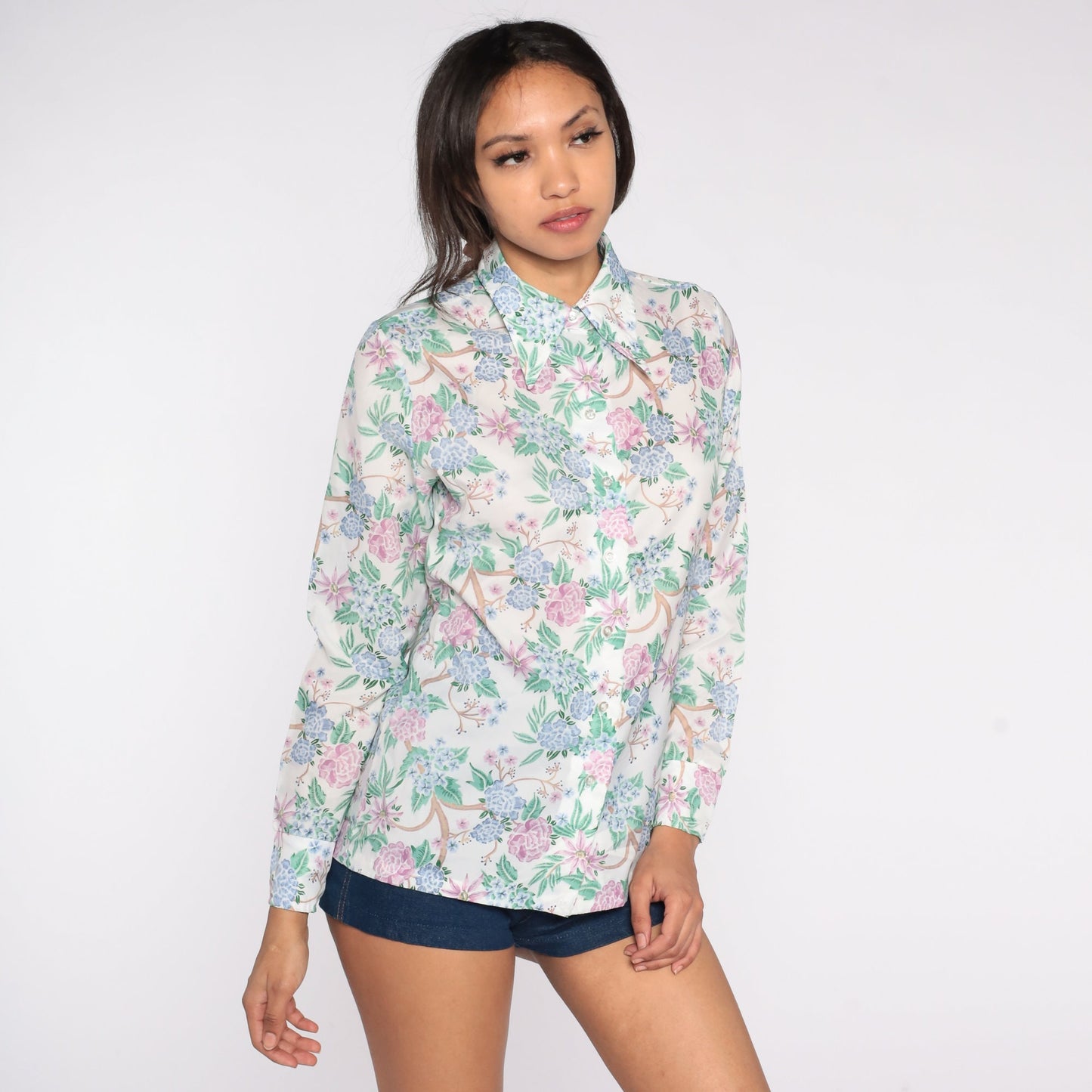 70s Floral Button-Up Shirt White Pointed Collar Long Sleeve Small S