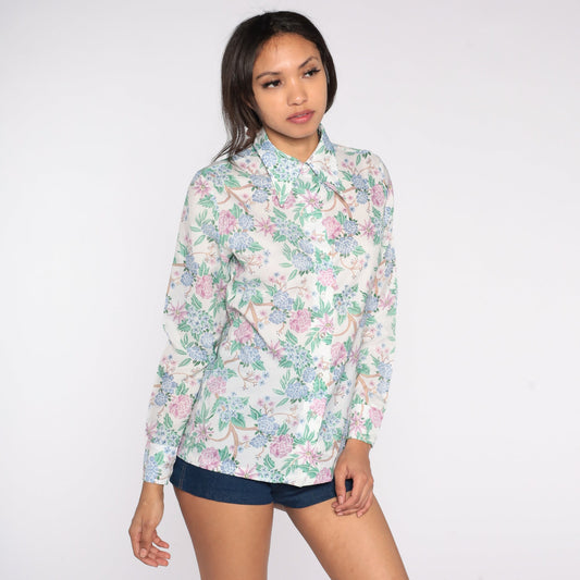 70s Floral Button-Up Shirt White Pointed Collar Long Sleeve Small S