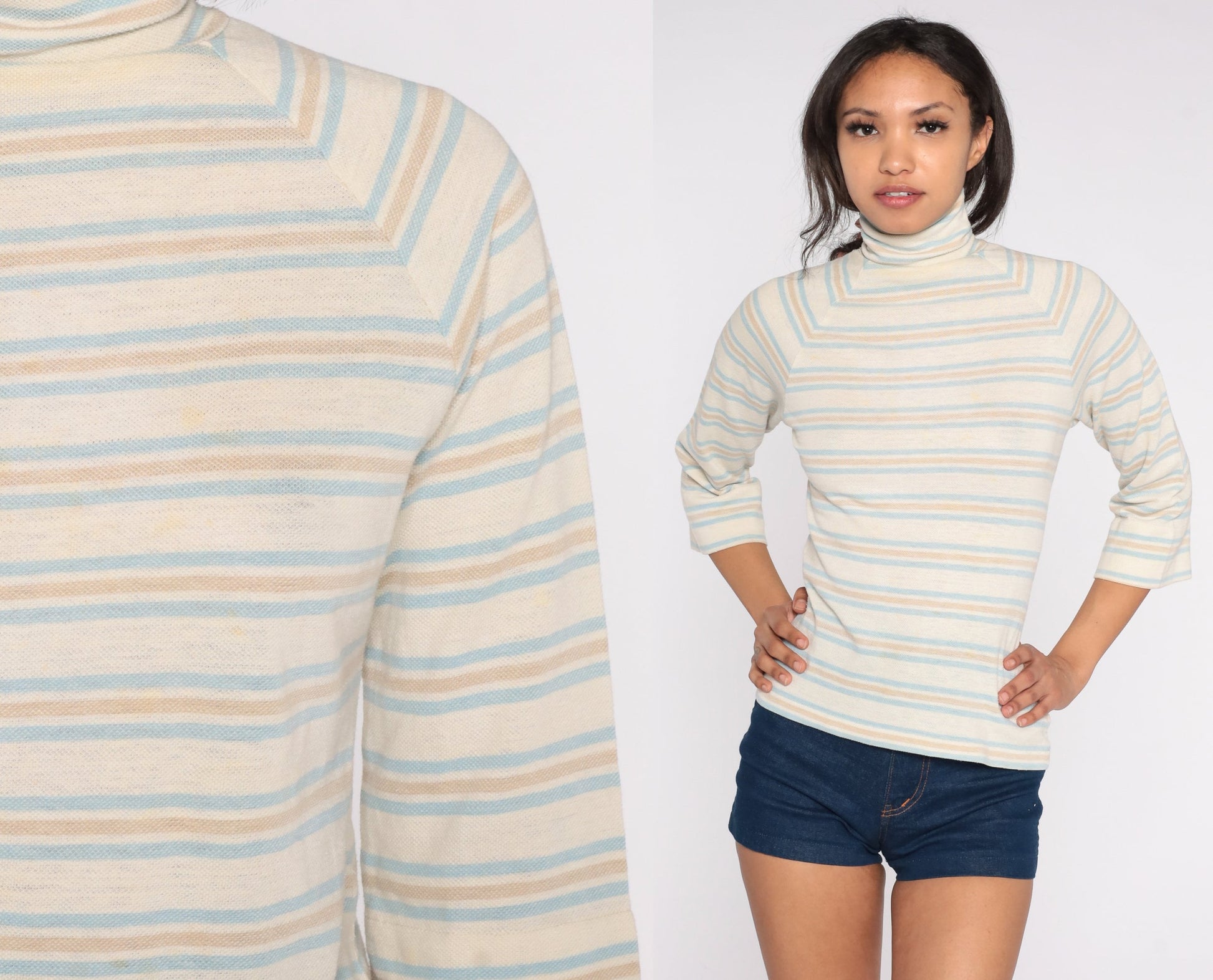 70s Striped Turtleneck Raglan Sleeve Shirt Off-White Blue Small