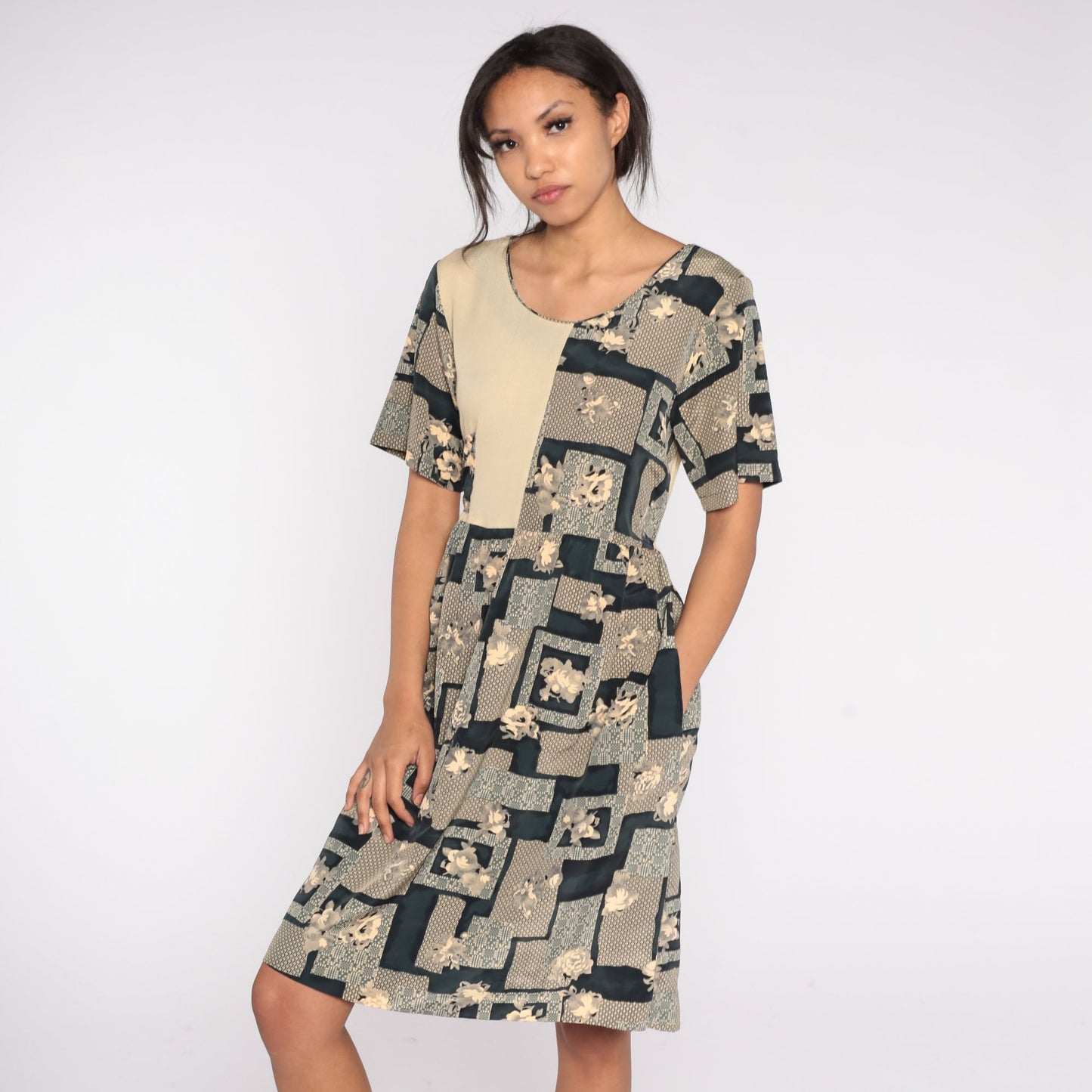 90s Geometric Floral Midi Dress High Waist Short Sleeve Taupe Medium