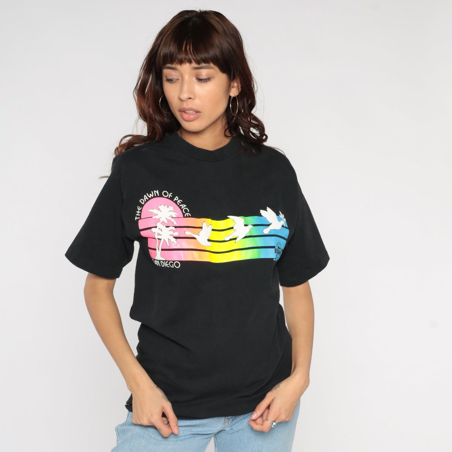 90s San Diego Dawn of Peace Graphic T-Shirt Neon Stripes Cotton Medium