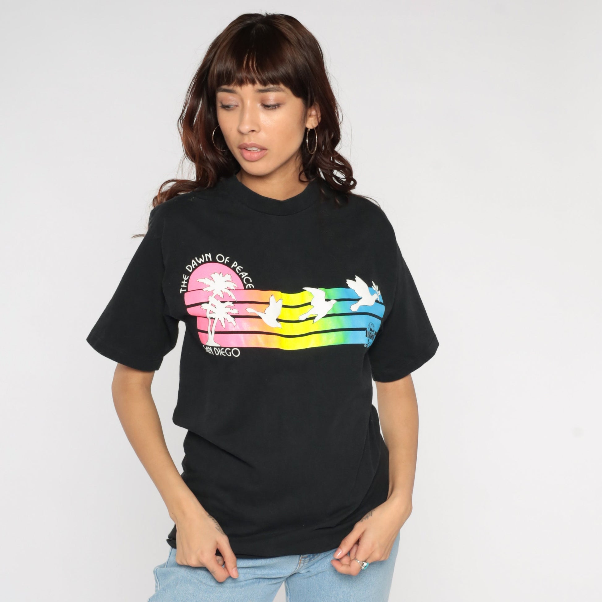 90s San Diego Dawn of Peace Graphic T-Shirt Neon Stripes Cotton Medium
