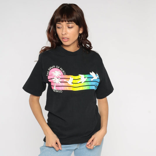 90s San Diego Dawn of Peace Graphic T-Shirt Neon Stripes Cotton Medium