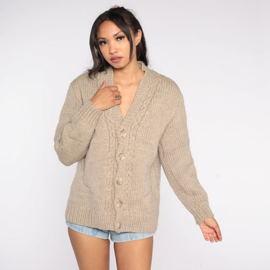 60s Taupe Wool Cardigan Button-Up Knit Sweater Large L