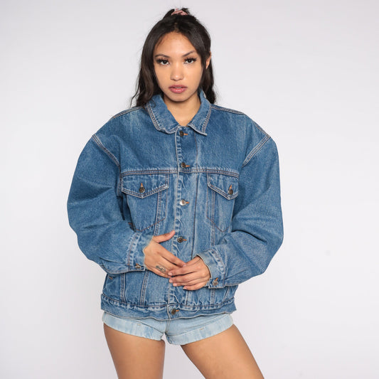 80s AG Jeans Denim Jacket Shearling Lined Button Up Blue Large