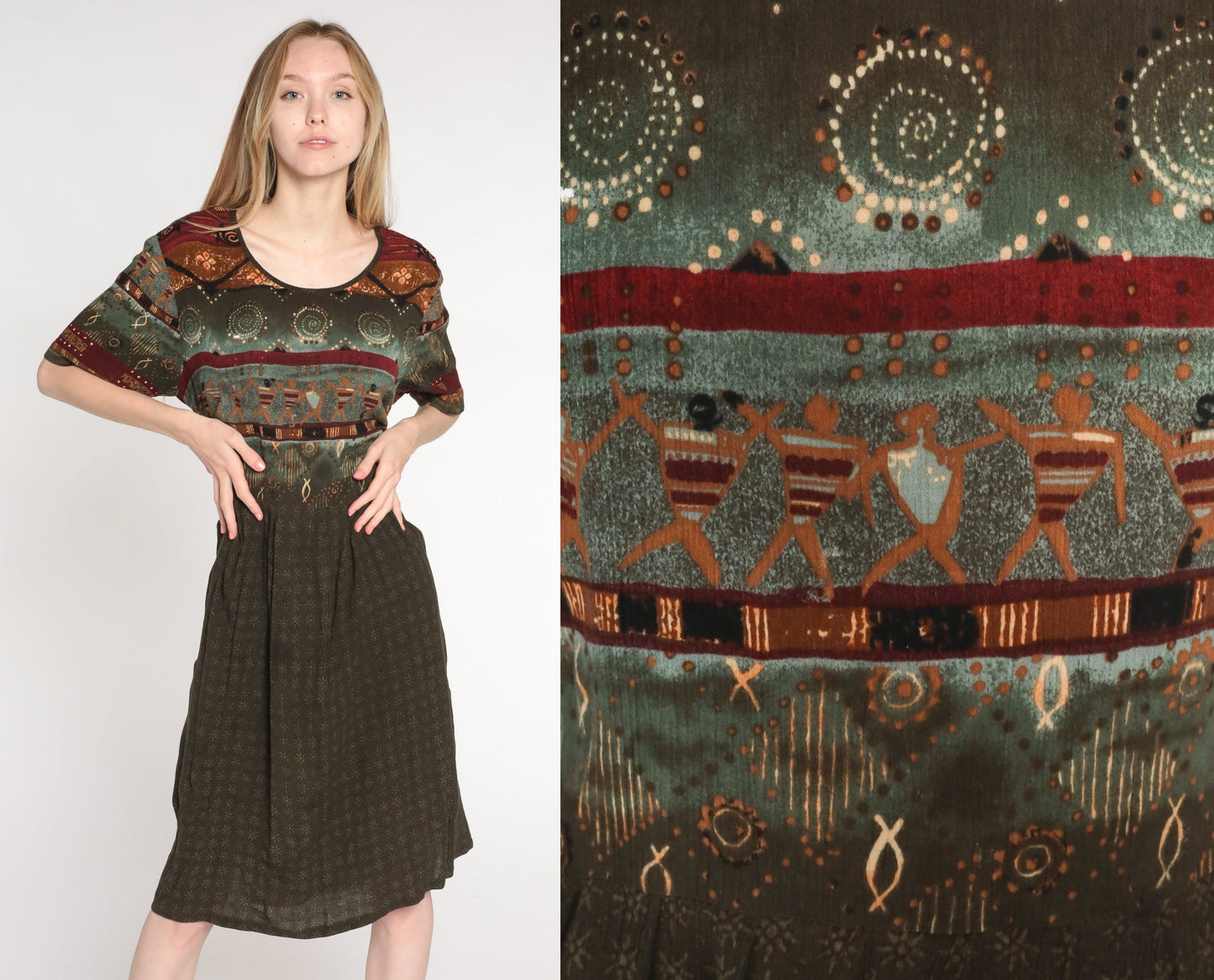 90s Brown Geometric Print Midi Dress High Waist Short Sleeve Plus Size 16W