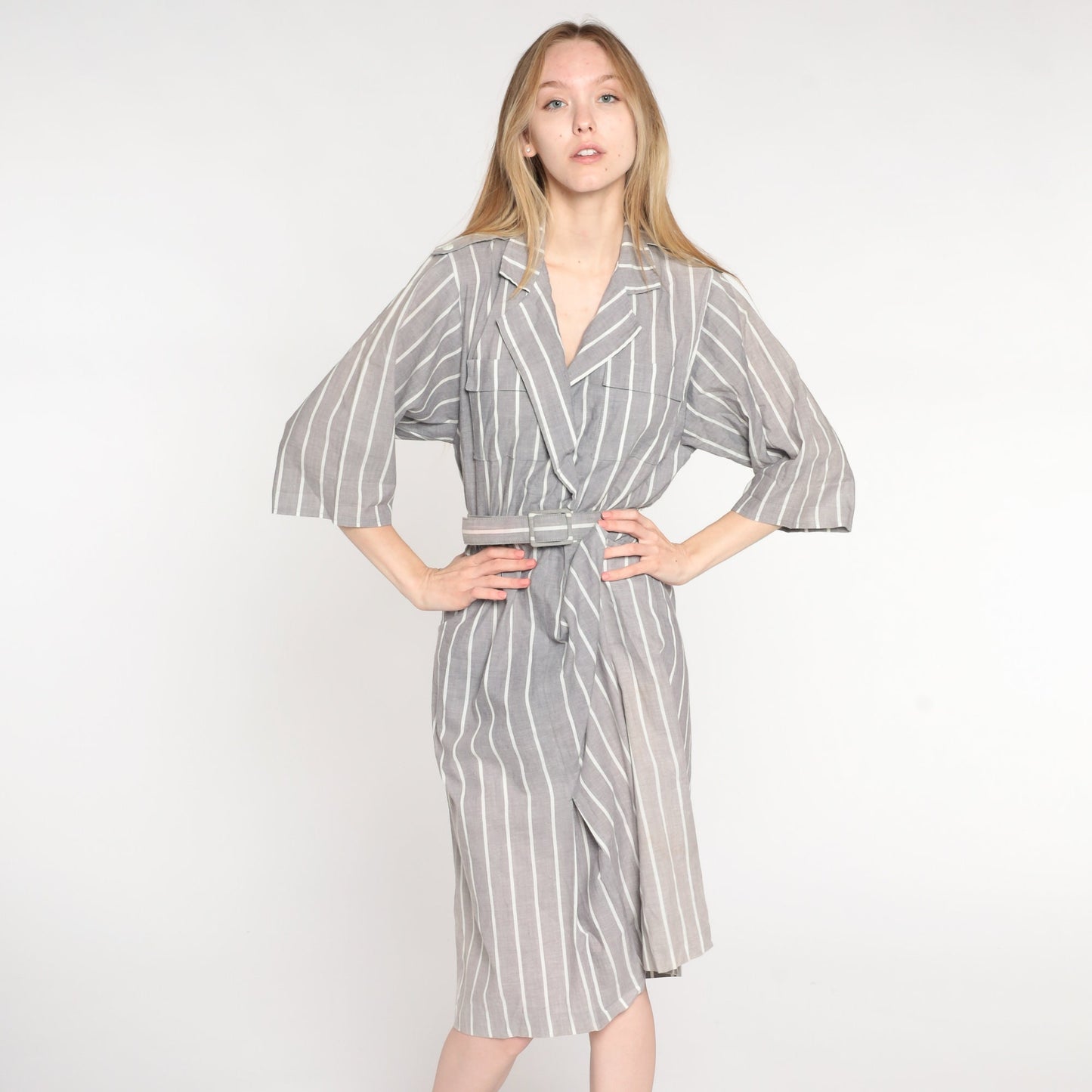 80s Grey & White Striped Midi Wrap Dress V-Neck 3/4 Sleeve Medium