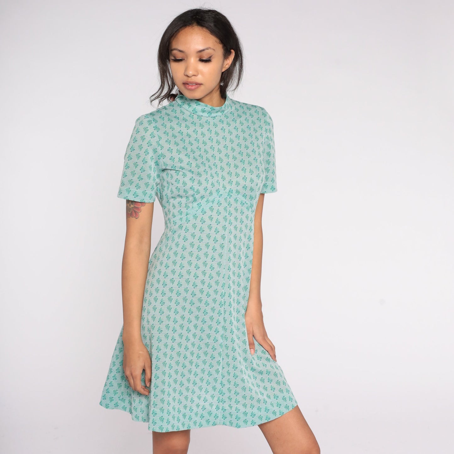 70s Butterfly Babydoll Minidress Green Empire Waist Short Sleeve Medium