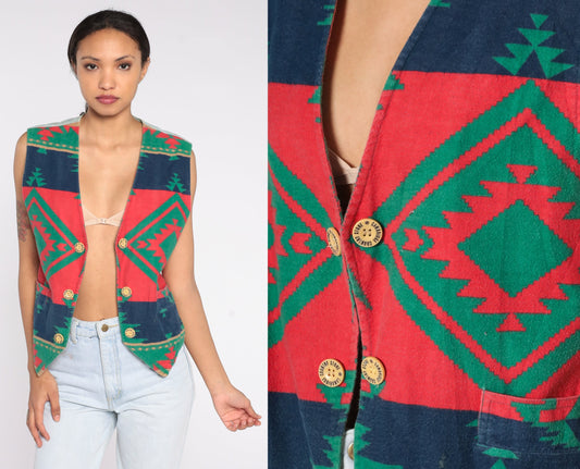 90s Southwestern Vest Cotton Button Up Sleeveless Red Blue Geometric Medium M
