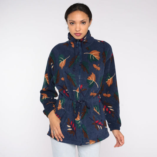90s Navy Leaf Print Fleece Jacket Zip Up Windbreaker Medium