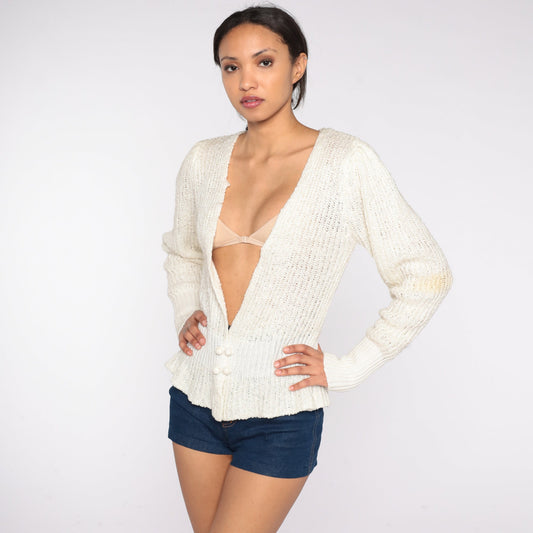 80s Off-White Deep V-Neck Cardigan Double Breasted Knit Sweater Medium M