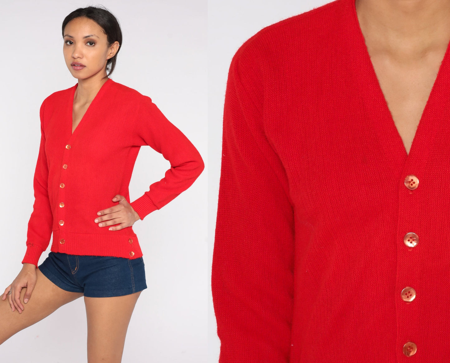 70s Red Knit Cardigan Button-Up Sweater Small